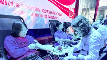 Công tác tuyên truyền, vận động về ý nghĩa nhân đạo của việc hiến máu tình nguyện được tỉnh Ninh Bình đẩy mạnh bằng nhiều hình thức; trong đó, Lễ hội Xuân hồng được tổ chức nhằm đáp ứng nhu cầu cấp thiết sử dụng nguồn máu dự trữ trong cấp cứu bệnh nhân dịp Tết. (Ảnh: Yến Trinh) 