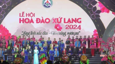 Các văn nghệ sĩ tham gia tiết mục biểu diễn khai mạc lễ hội hoa đào xứ Lạng năm 2024.