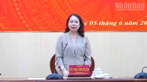 Đồng chí Võ Thị Ánh Xuân, Bí thư Trung ương Đảng, Phó Chủ tịch nước, Trưởng Đoàn Kiểm tra, giám sát số 29 của Bộ Chính trị, Ban Bí thư phát biểu tại hội nghị.