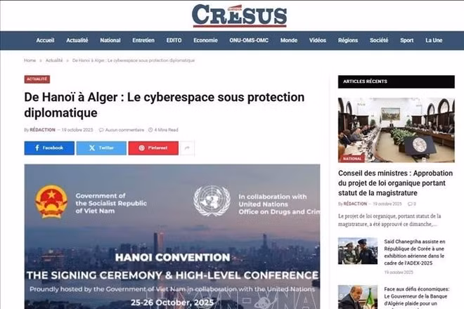 Bài viết đăng trên Nhật báo Cresus, một trong những báo uy tín hàng đầu của Algeria ngày 19/10/2025. Ảnh: chụp màn hình bài báo