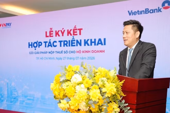 Ông Lê Duy Hải - Phó Tổng Giám đốc VietinBank phát biểu tại sự kiện ký kết hợp tác với VNPAY nhằm triển khai giải pháp nộp thuế số.