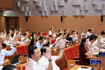 Các đại biểu Hội đồng nhân dân thành phố Hà Nội thống nhất thông qua nội dung kỳ họp.