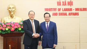Bộ trưởng Lao động-Thương binh và Xã hội Đào Ngọc Dung và Bộ trưởng Nhân lực kiêm Bộ trưởng thứ hai Bộ Công thương Singapore Tan See Leng ngày 6/7/2023, tại Hà Nội. (Ảnh: Molisa)