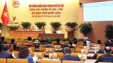 Kỳ họp thứ 14 Hội đồng nhân dân thành phố Hà Nội, nhiệm kỳ 2021-2026, thông qua Nghị quyết quy định số lượng, mức phụ cấp thường xuyên đối với công an xã bán chuyên trách ở thôn tham gia bảo đảm an ninh trật tự ở cơ sở. (Ảnh: chinhphu.vn)