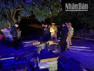 Số thuốc lá điện tử đựng trong các thùng carton đang trên đường vận chuyển thì bị lực lượng chức năng phát hiện. (Ảnh: Lê Dũng)