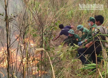 Lực lượng Bộ đội Biên phòng và người dân tham gia chữa cháy rừng tại núi bản Mạt.