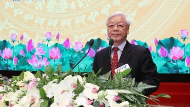 Tổng Bí thư Nguyễn Phú Trọng phát biểu tại Lễ kỷ niệm 60 năm Ngày truyền thống ngành xây dựng Việt Nam. (Ảnh: Trí Dũng/TTXVN)