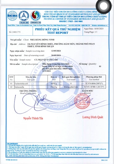 Kết quả xét nghiệm của nhà hàng Hồng Vinh.