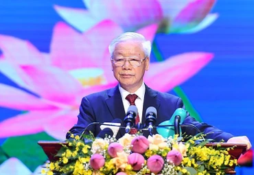 Tổng Bí thư Nguyễn Phú Trọng phát biểu tại Lễ kỷ niệm 60 năm Ngày thiết lập quan hệ ngoại giao, 45 năm Ngày ký Hiệp ước Hữu nghị và Hợp tác Việt Nam-Lào ngày 18/7, tại Hà Nội. (Ảnh: Đăng Khoa)