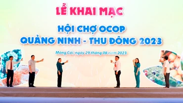 Các đại biểu nhấn nút Khai mạc Hội chợ OCOP Quảng Ninh - Thu Đông 2023.