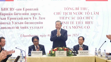 Chiều 1/10, tại Thủ đô Ulan Bator, Tổng Bí thư, Chủ tịch nước Tô Lâm tiếp các tổ chức kinh tế tiêu biểu Mông Cổ. (Ảnh: Nguyễn Hồng)