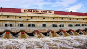 Trạm bơm Lịch Bài (tỉnh Hưng Yên) được vận hành hết công suất nhằm tiêu úng nhanh trong nội đồng cứu lúa, hoa màu.