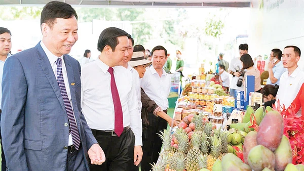 Ông Đinh Cao Khuê (bìa trái) dự khai trương nhà máy chế biến rau quả tại Sơn La. 