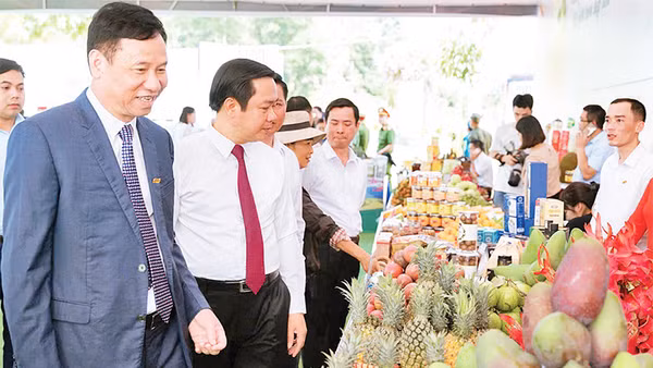 Ông Đinh Cao Khuê (bìa trái) dự khai trương nhà máy chế biến rau quả tại Sơn La. 