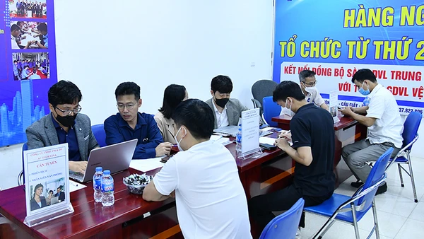 Một phiên giao dịch việc làm cho lao động EPS và thực tập sinh IM Japan về nước. (Ảnh: THỦY NGUYÊN)