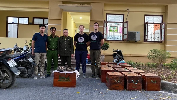 Đại diện SVW phối hợp lực lượng chức năng thực hiện giao nhận các cá thể tê tê.