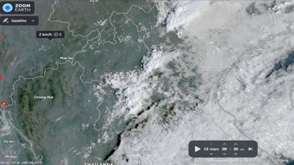 Hình ảnh sương mù, mây thấp bao trùm các sân bay Thọ Xuân, Vinh, Đồng Hới lúc 7 giờ 30 phút ngày 13/3/2025.