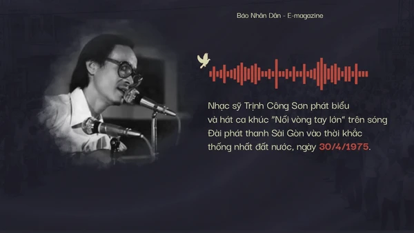 Nhạc sĩ Trịnh Công Sơn phát biểu và hát ca khúc Nối vòng tay lớn trên sóng Đài Phát thanh Sài Gòn ngày 30/4/1975