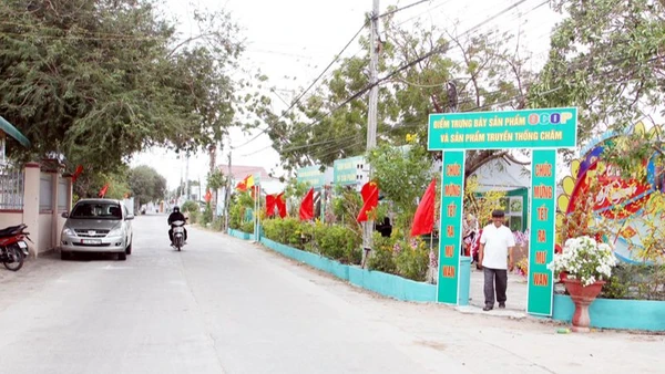 Điểm trưng bày sản phẩm OCOP và sản phẩm truyền thống Chăm chào mừng Tết Ramưwan 2025 tại thôn Phước Nhơn 3, xã Xuân Hải, huyện Ninh Hải, tỉnh Ninh Thuận. Ảnh: NGUYỄN TRUNG