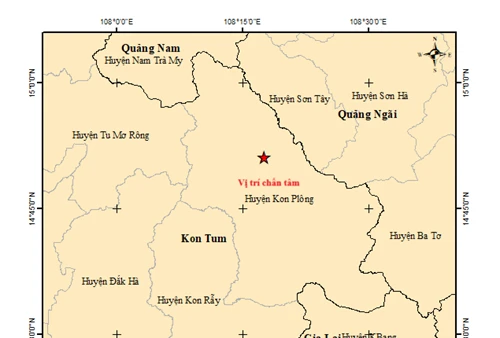 Bản đồ tâm chấn trận động đất thứ 4 trong sáng 31/3 tại huyện Kon Plông