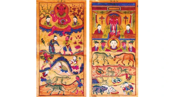 Ảnh minh họa: Bộ tranh “Thần Nông và Địa Trạch” của dân tộc Cao Lan-Sán Chỉ do nghệ nhân Hàng Trống thể hiện. (Nguồn: Báo ảnh Dân tộc và Miền núi)