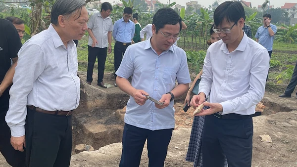 Đoàn cán bộ khảo cổ của Trung ương và lãnh đạo Sở Văn hóa, Thể thao và Du lịch Hải Dương tại vị trí thăm dò, khảo cổ di tích Thành Dền.