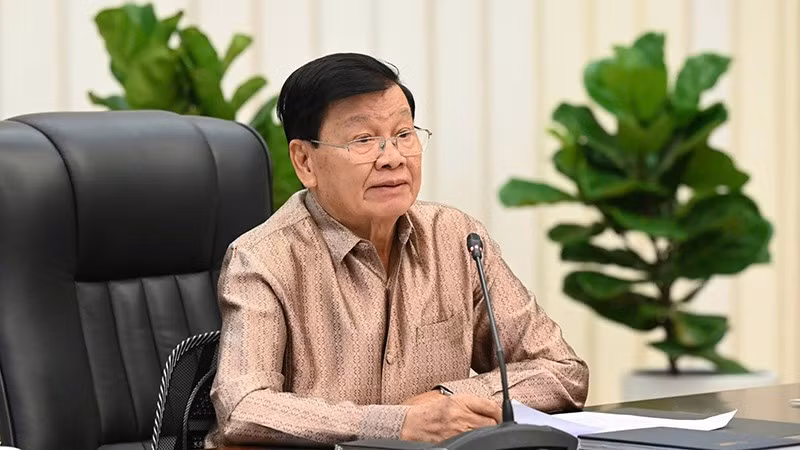 Tổng Bí thư Thongloun Sisoulith phát biểu tại Hội nghị. (Ảnh: Báo Pasaxon)