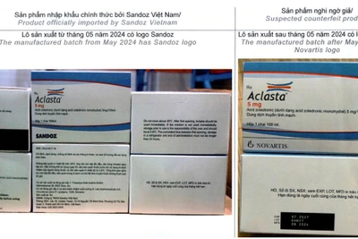 Hình ảnh thuốc Aclasta chính hãng (trái) và sản phẩm nghi ngờ là hàng giả (phải). (Ảnh: Cục Quản lý Dược)