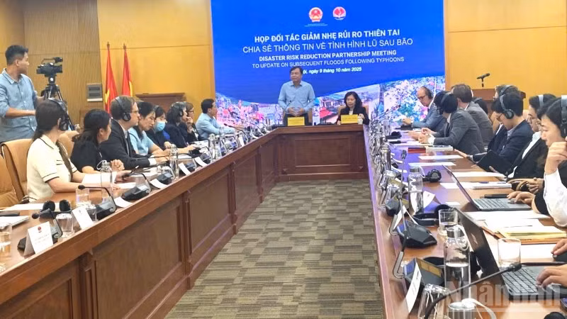 Thứ trưởng Nông nghiệp và Môi trường Nguyễn Hoàng Hiệp họp với các đối tác Giảm nhẹ rủi ro thiên tai (DRRP), chia sẻ thông tin về tình hình lũ lụt sau bão và bàn giải pháp hỗ trợ khẩn cấp.