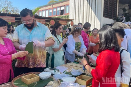 Du khách tham dự cuộc thi gói bánh chưng.