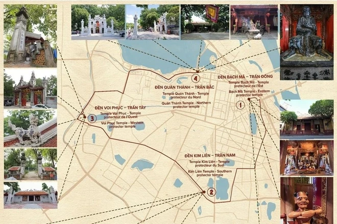 Bản đồ số hành trình tham quan Tứ trấn Thăng Long được thiết kế dễ hiểu và sinh động (Nguồn ipathanoi.vietnamica.online)
