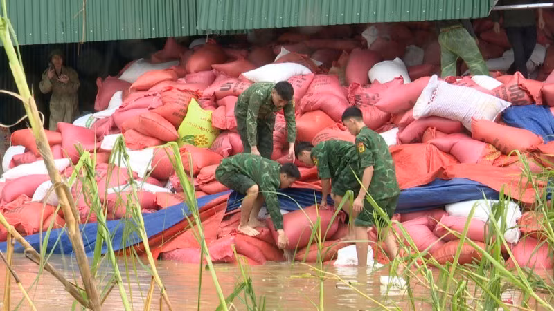 Biên phòng Hà Tĩnh giúp nhân dân thu dọn kho thóc của người dân xã Cổ Đạm.