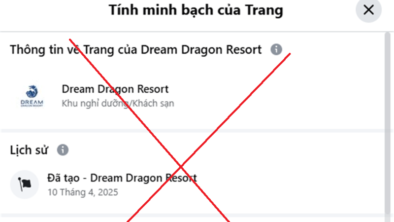 Hình ảnh page giả, mạo danh Dream Dragon Resort.