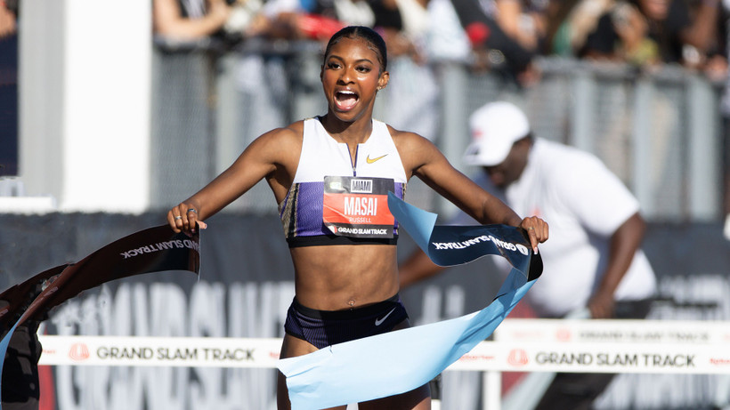 Masai Russell lập thành tích đáng nể trong lịch sử bộ môn điền kinh. (Ảnh: Grand Slam Track)