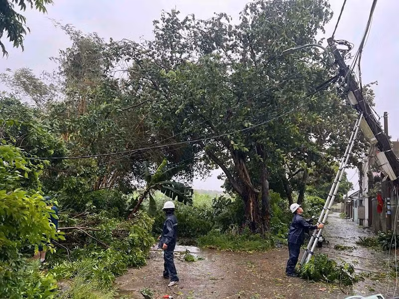 Cán bộ EVNHANOI lập tức đến hiện trường khắc phục hậu quả do thiên tai gây ra.