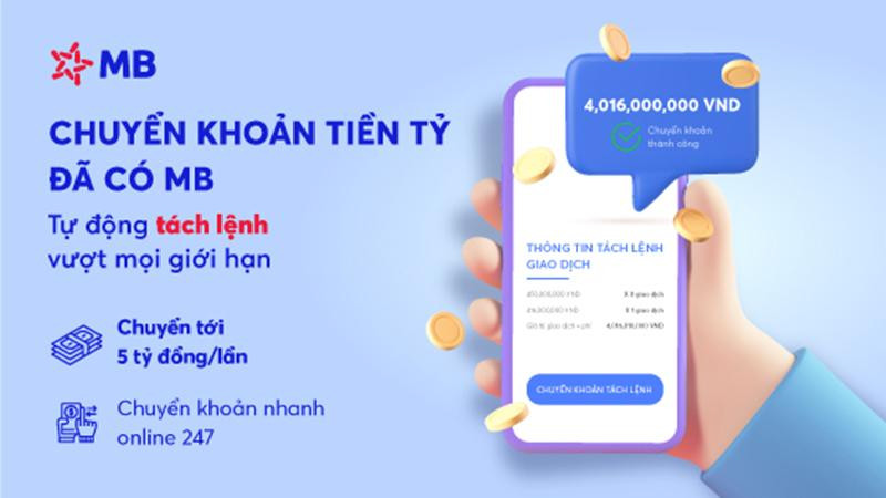 Tính năng "Tách lệnh tự động" trên App MBBank, cho phép khách hàng chuyển khoản vượt mọi giới hạn trong thời gian siêu nhanh.