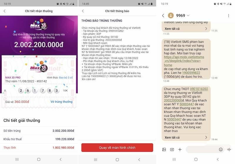 Thông báo trúng thưởng khi mua vé số qua Vietlott SMS.