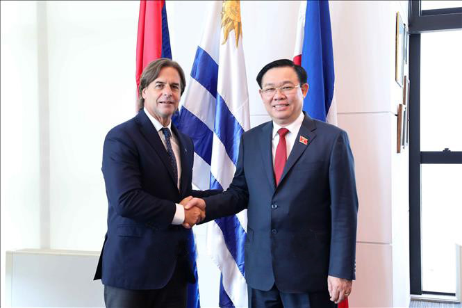 Chủ tịch Quốc hội Vương Đình Huệ hội kiến Tổng thống Đông Uruguay Luis Lacalle Pou. (Ảnh: TTXVN)
