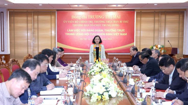 Thường trực Ban Bí thư Trương Thị Mai phát biểu tại buổi làm việc với Đảng đoàn, Thường trực Trung ương Hội Cựu chiến binh Việt Nam.