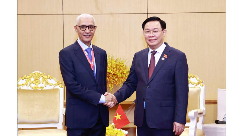 Chủ tịch Quốc hội Vương Đình Huệ gặp Chủ tịch Hạ viện Maroc Rachid Talbi Alami. (Ảnh: Doãn Tuấn/TTXVN)