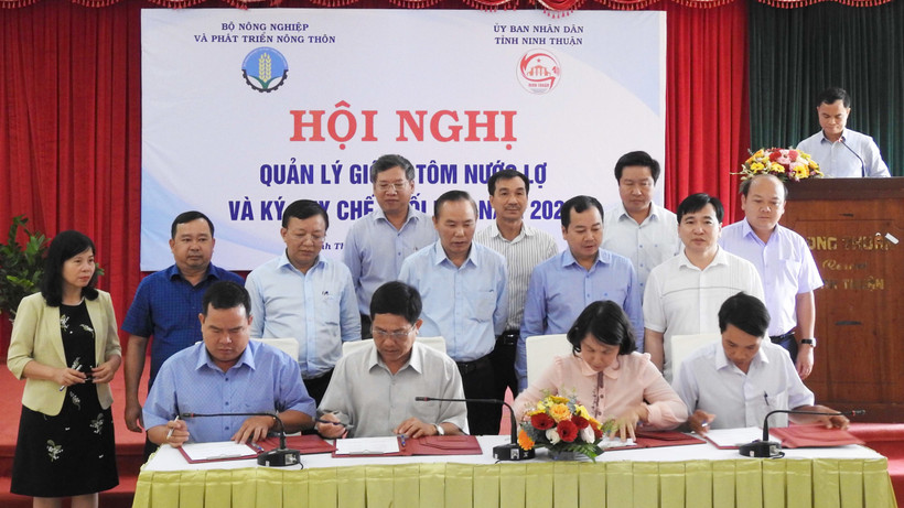Đại diện ngành nông nghiệp của các tỉnh, thành phố trên cả nước ký kết quy chế phối hợp công tác quản lý giống tôm nước lợ tại hội nghị.