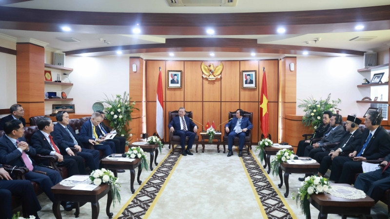 Tổng Bí thư Tô Lâm gặp Chủ tịch Thượng viện Indonesia Sultan Bachtiar Najamudin. (Ảnh: Thống Nhất/TTXVN)