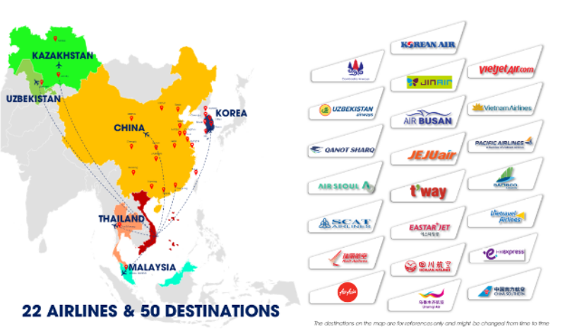 Sân bay quốc tế Cam Ranh hiện hợp tác với 22 hãng hàng không, kết nối 50 đường bay. (Nguồn: https://camranh.aero/traffic-statistics)