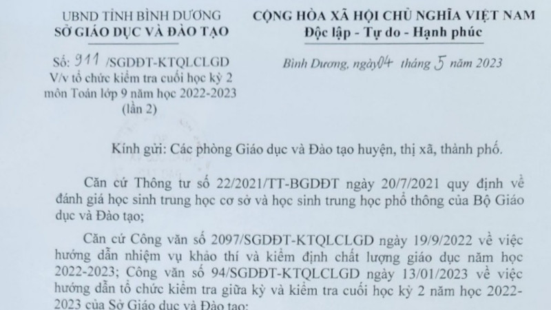 Văn bản Sở Giáo dục và Đào tạo tỉnh Bình Dương gửi các phòng giáo dục và đào tạo huyện, thị xã, thành phố thuộc tỉnh về việc tổ chức kiểm tra cuối học kỳ môn toán lớp 9 năm học 2022-2023 lần 2.