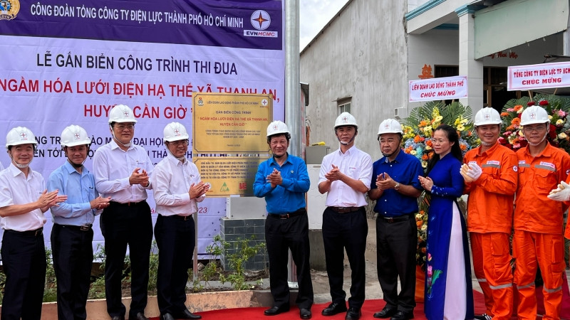 Các đại biểu làm lễ gắn biển công trình “Ngầm hóa lưới điện tại xã đảo Thạnh An.