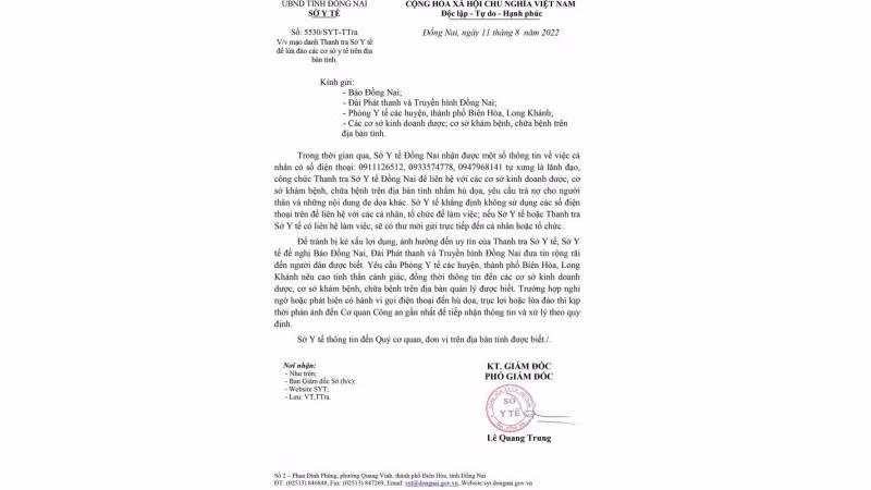 Văn bản do Sở Y tế Đồng Nai ban hành, cảnh báo các cơ sở y tế, kinh doanh dược trên địa bàn tỉnh có cá nhân mạo danh lãnh đạo.