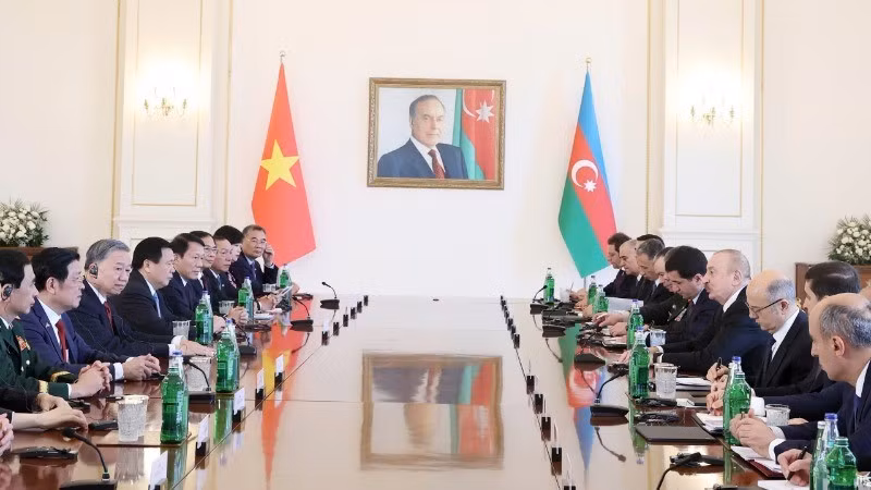 Tổng Bí thư Tô Lâm hội đàm với Tổng thống Azerbaijan Ilham Aliyev. (Ảnh: Thống Nhất/TTXVN)
