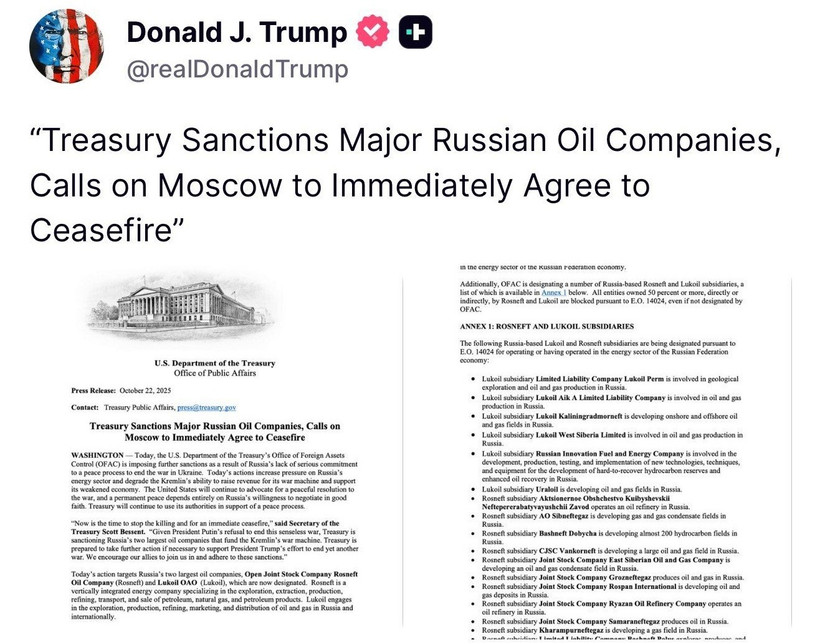 Tổng thống Mỹ Donald Trump viết trên mạng xã hội Truth về lệnh trừng phạt mới nhắm vào Nga.