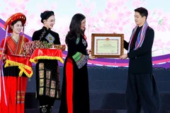 Phó Chủ tịch Ủy ban nhân dân tỉnh Tuyên Quang Vương Ngọc Hà trao Bằng khen cho Mayogu, đơn vị đồng hành cùng Lễ hội Hoa tam giác mạch. (Ảnh: Ban tổ chức)