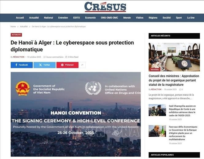 Bài viết đăng trên Nhật báo Cresus, một trong những báo uy tín hàng đầu của Algeria ngày 19/10/2025. Ảnh: chụp màn hình bài báo Bài viết đăng trên Nhật báo Cresus, một trong những báo uy tín hàng đầu của Algeria ngày 19/10/2025. Ảnh: chụp màn hình bài báo